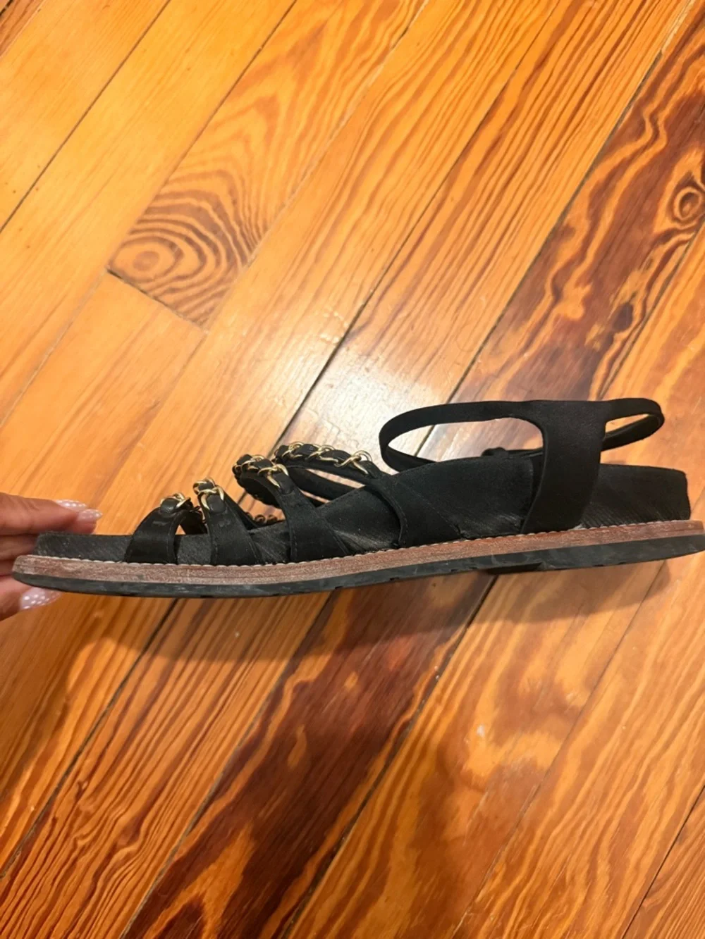 CHANEL Black Leather Chain-Strap Slingback Sandals- Sz 37